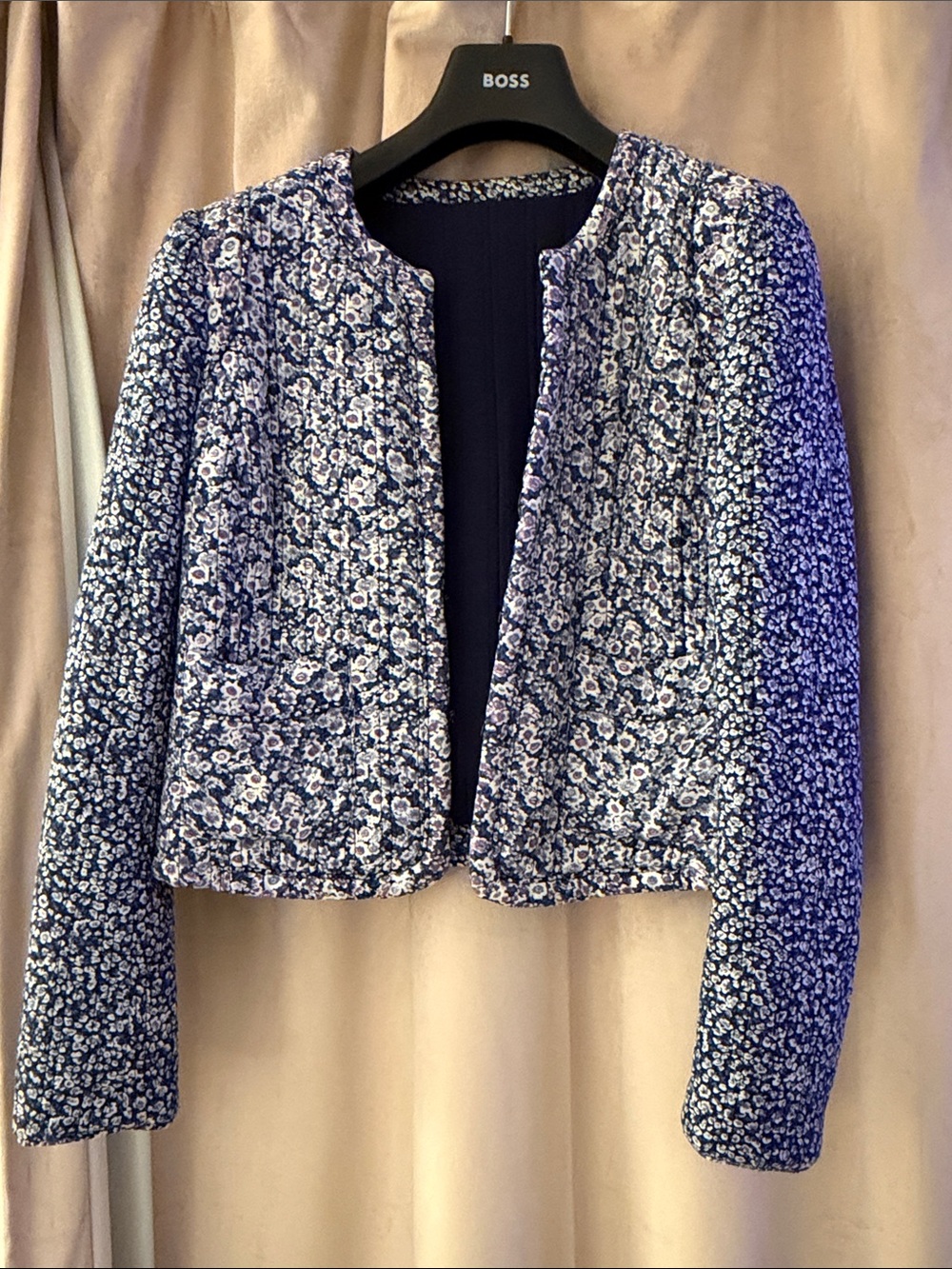 Joie Navy and White Floral Quilted reversible Cropped Blazer
